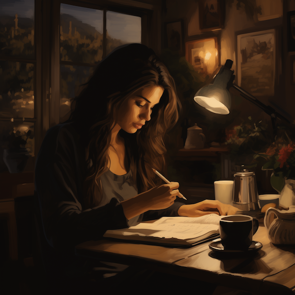 a woman journaling in a dark cozy environment