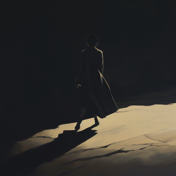 a woman in a trench coat walking in a shadowy environment